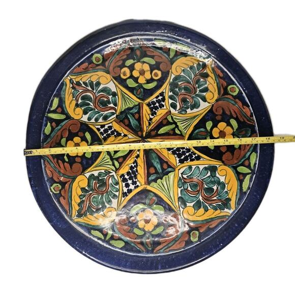 Vintage Mexican Folk Art Pottery Hand Painted Wall Hanging Plate 18.5" Round - Picture 6 of 7